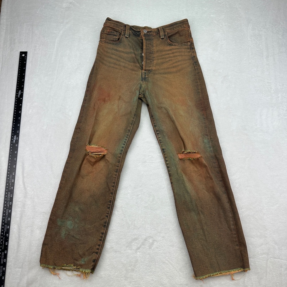 Levi's Ribcage Straight Ankle Jeans Wmn's Sz 26x27 Ripped Distressed Brown Wash